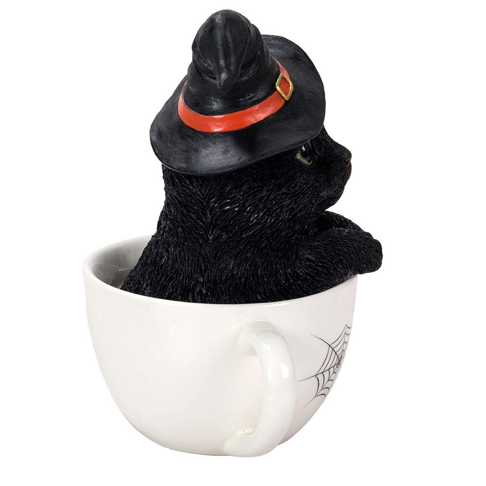 Pacific Giftware Schwarze Hexen Katze in Tasse 16 cm - Figur Deko Statue Halloween Kitty Hexenhut