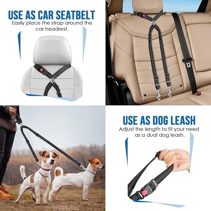 KUTKUT Double Dog Seat Belt, Dual Pet Car Headrest Restraint Safety Seatbelt No Tangle Dog Leash Duty Adjust Elastic Bungee Lead Splitter Connect Harness In Vehicle Travel For 2 Dogs (Black),75 cm 3