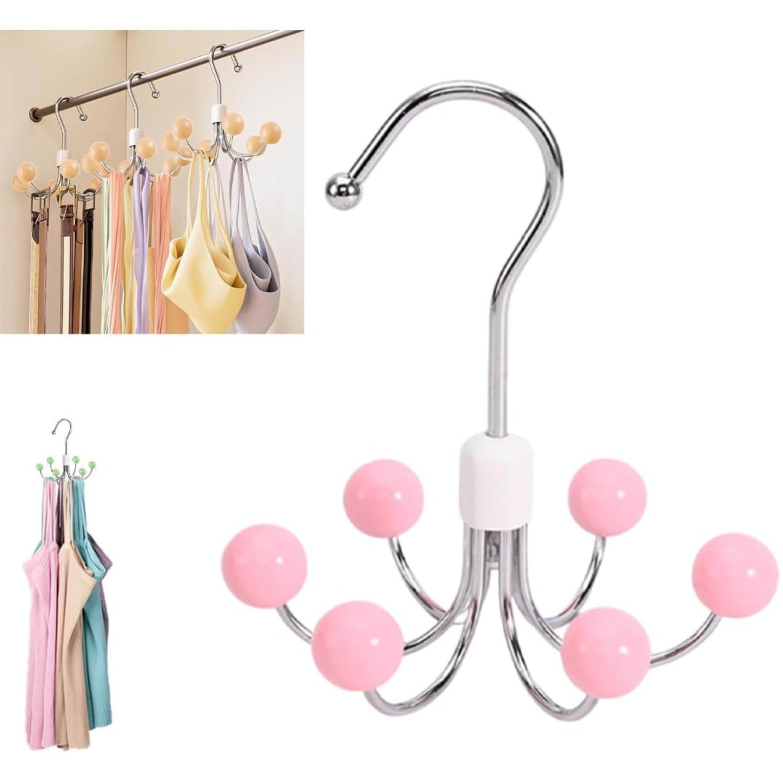 Rotating Wardrobe Hook Hanger 6 Arm Closet Organizer for Scarves Belts Bags Ties Bras Tank Tops Space Saving Rail Hook (Pink,14 * 14 * 15cm)