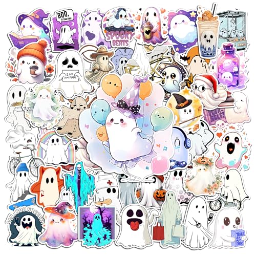 VICATA 50 Pcs Cute Ghost Sticker Funny Halloween Vinyl Decals Waterproof Cartoon Stickers for Water Bottle Luggage Skateboard Bike Notebook Guitar Phone Party Favors Birthday Gifts for Friends