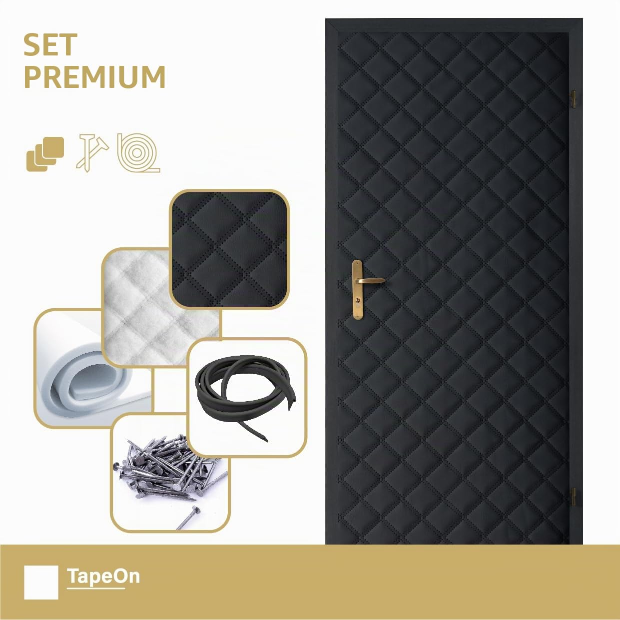 TapeOn - Imbottitura per porta fai da te - isolamento termico e acustico - Protezione dal freddo - Set premium 2 in 1 con accessori di montaggio - Nero - T3 KARO