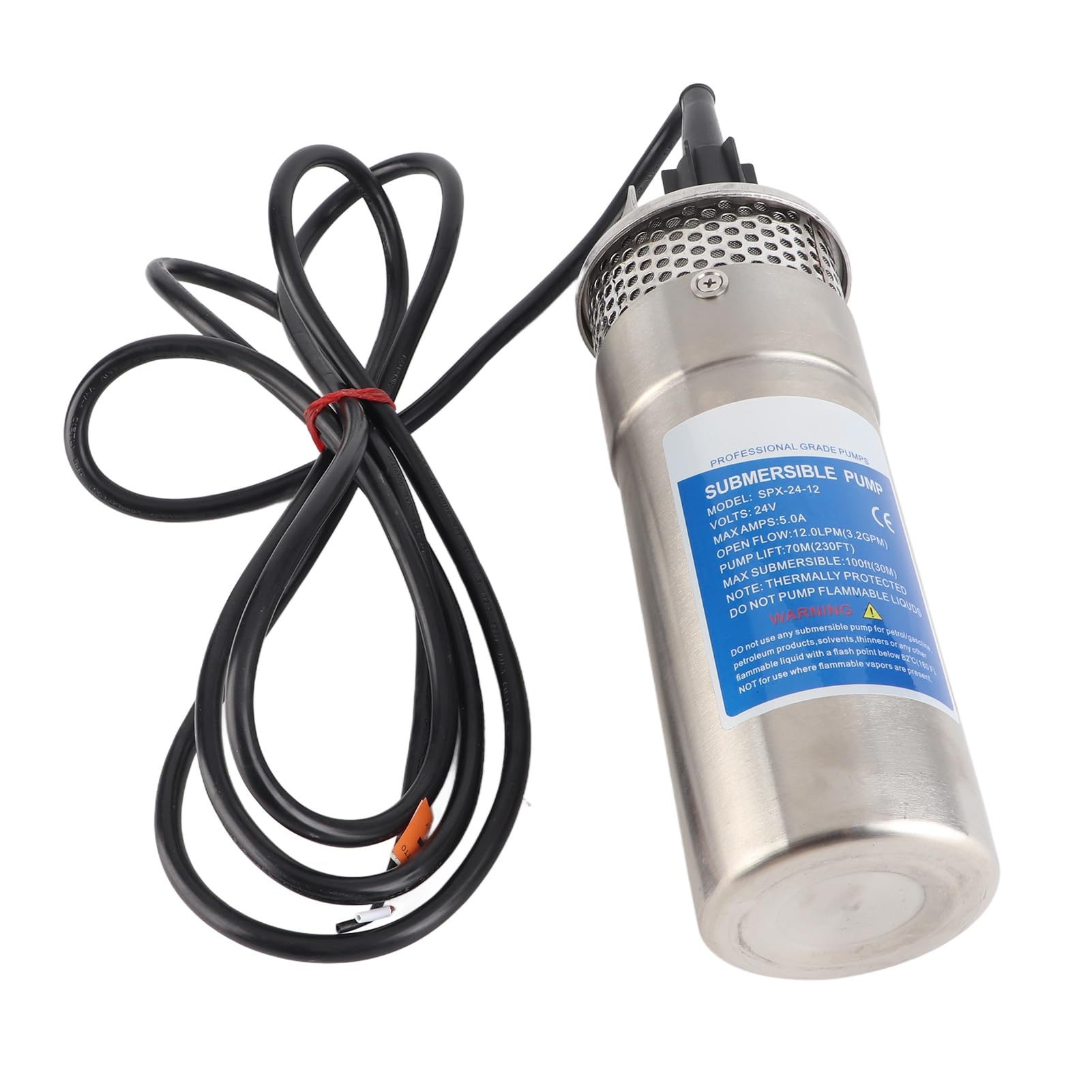 Wakects Bomba de Agua de Pozo Sumergible de 24 V, Bomba de Agua Solar de Acero Inoxidable 5 A 12 LPM 70 M de Cabeza Protección contra Funcionamiento en Seco para Estanque de Riego de Pozos Profundos