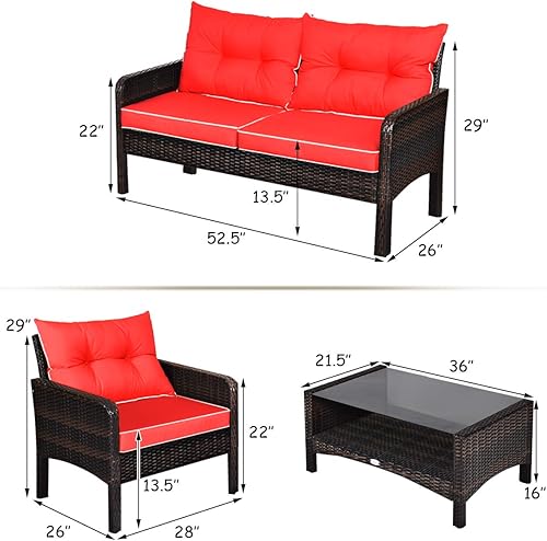 Miniatura 2 de COSTWAY Juego de muebles de patio de 4 piezas, sofá modular de mimbre con cojín, sofá biplaza, mesa de centro con vidrio templado y estante, juegos