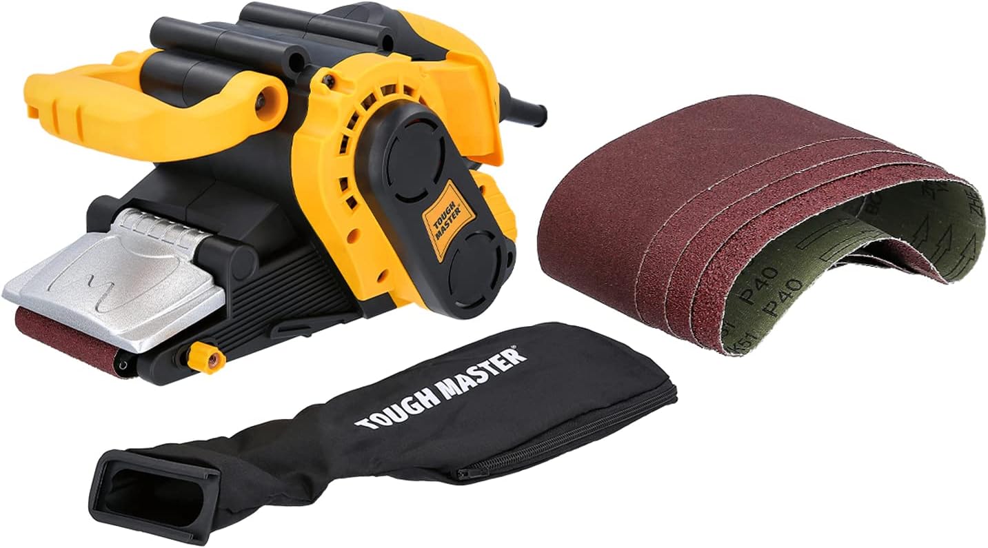 Belt Sander 800W with 5 Sanding Belts 76x457mm Electric Sander with Dust Bag, 6 Variable Speed Adjustable Handle, 3M Cable Black & Yellow 240V Locking Switch Sander Tool TOUGH MASTER