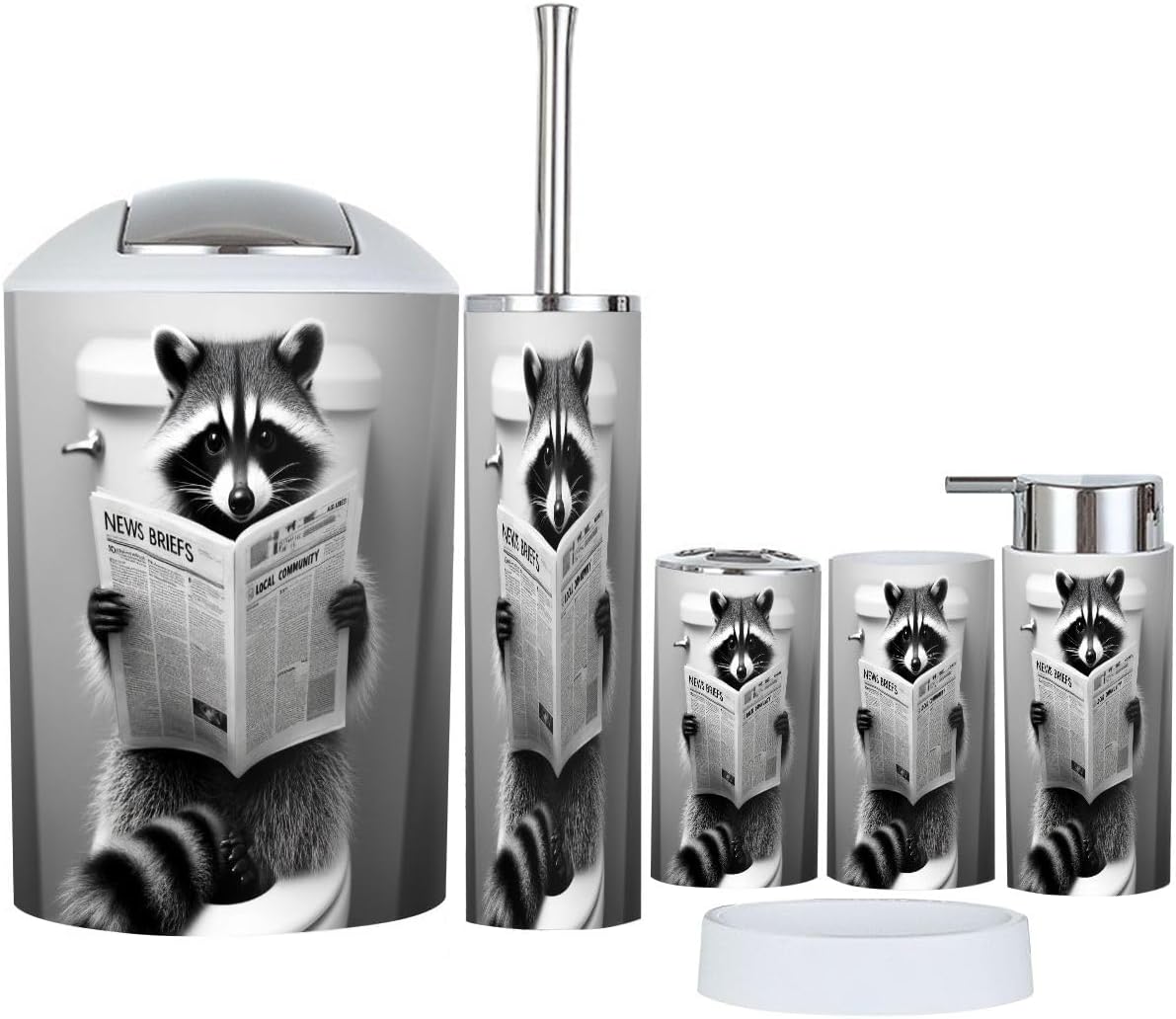 Bathroom Accessories Set 6 Pcs Funny Decor Black White Farmhouse Cute Restroom Decoration Raccoon Toothbrush Holder Cup Soap Dispenser Soap Dish Toilet Brush Holder Trash Can for Countertop Decor
