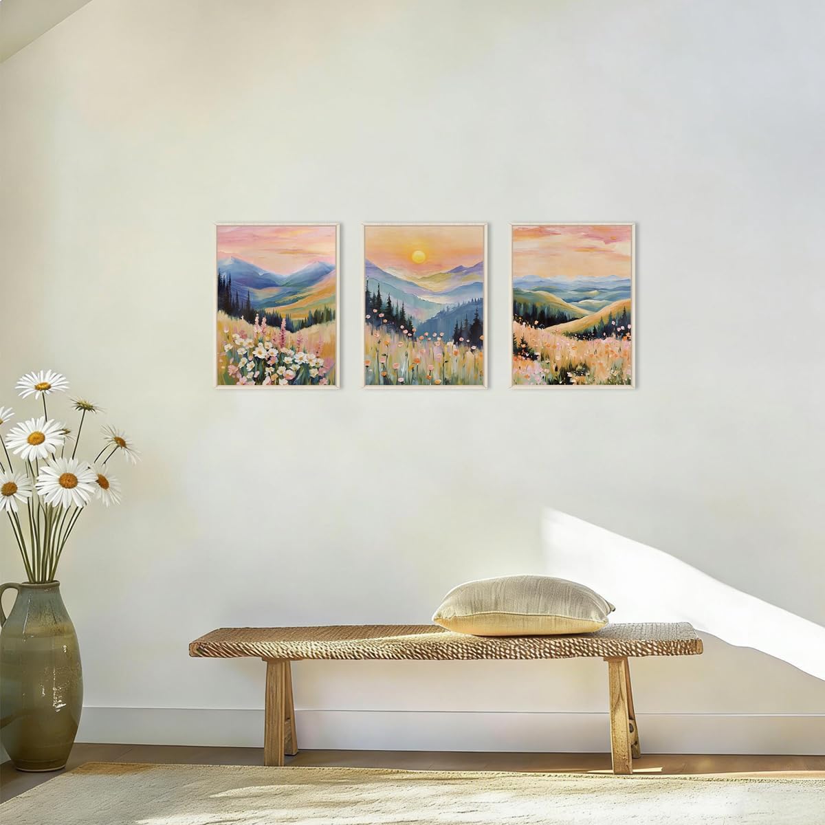 HOURIA Colorful Boho Wildflower Mountain Landscape Framed Canvas Wall Art Set,Watercolor Rustic Sunrise Flower Woodland Wall Decor,Modern Natural Scenery Artwork for Living Room,Farmhouse- 12"x16"x3