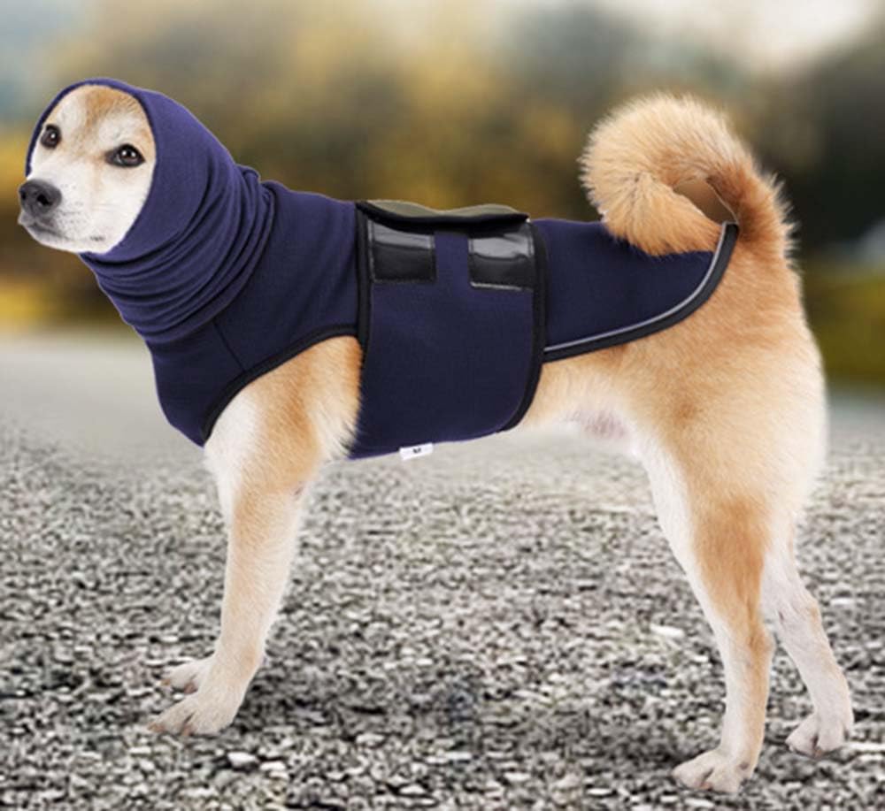Hunde-Angstlinderungsmantel, Ohrenschutz, wärmer, beruhigende Angstjacke für Hunde mit reflektierenden Streifen, beruhigender Rollkragen für Donner, Feuerwerk, Reisen und Trennungsangst (Blau,