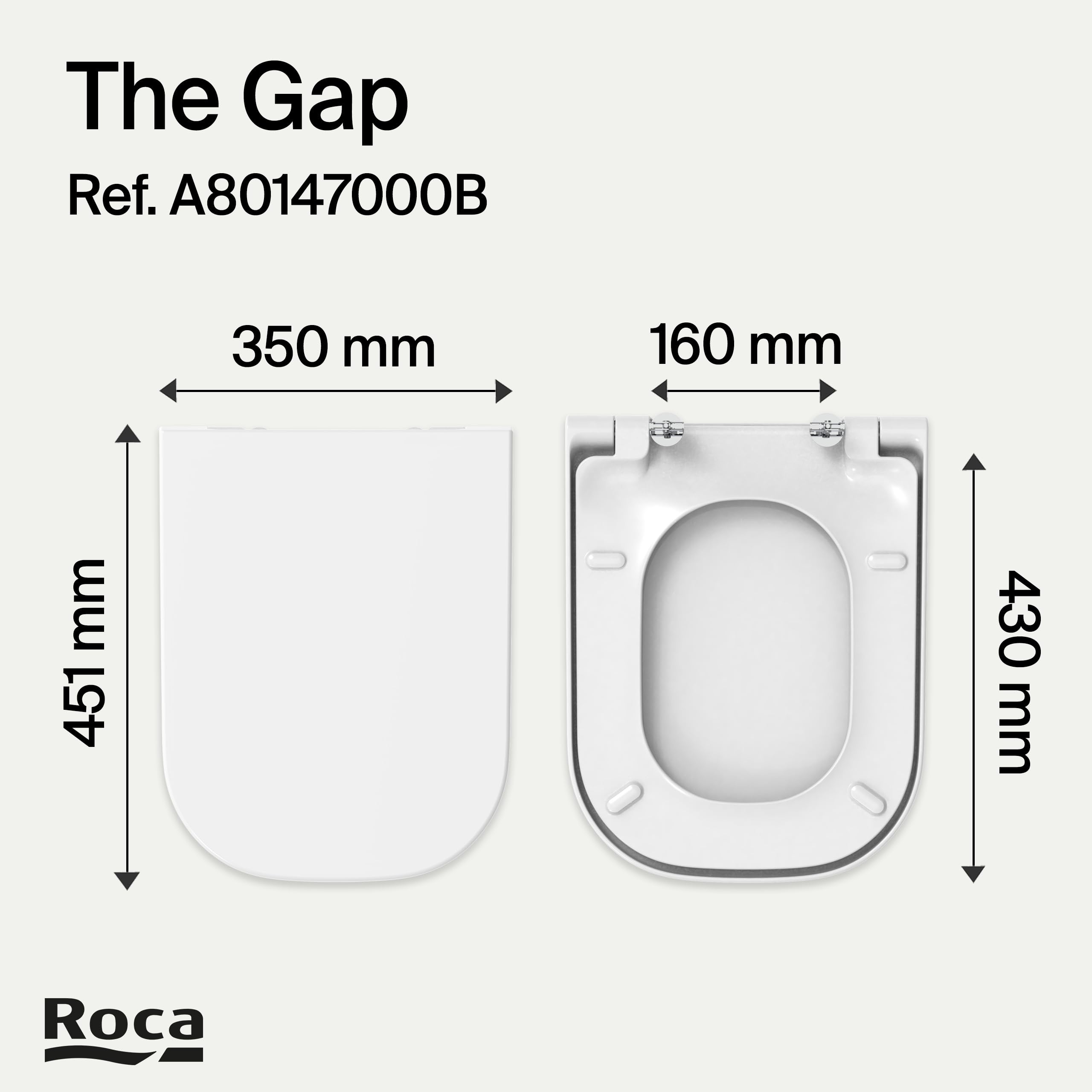 Roca The Gap - Tapa y asiento de Supralit para inodoro de tanque bajo, tapadera de WC original con ajuste perfecto, recambio de tapa de váter resistente, blanco, A80147000B