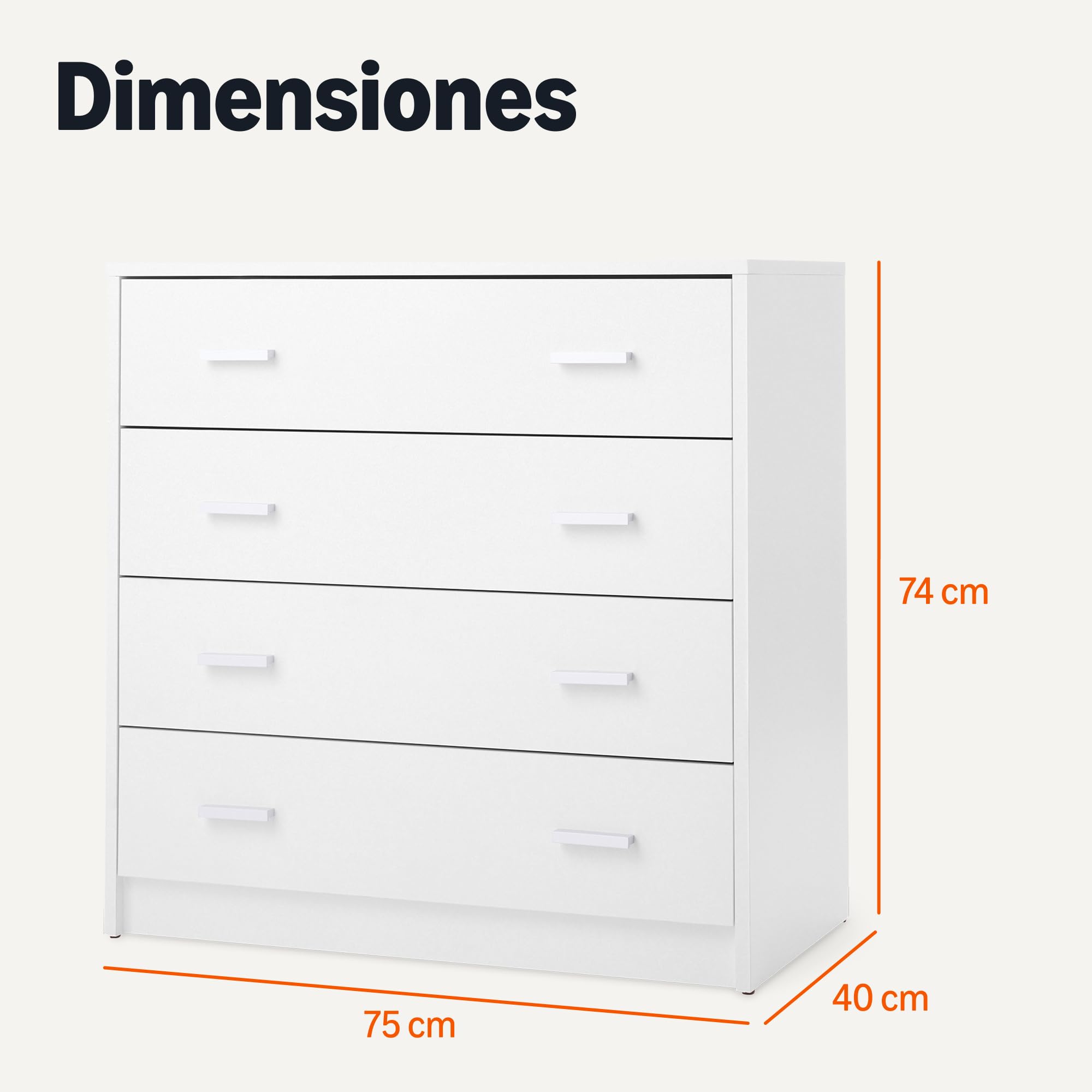 Amazon Basics Cajonera, Armario de Dormitorio con 4 Cajones, Armario, Tocador de Almacenamiento, Blanco, 40 x 75 x 74cm