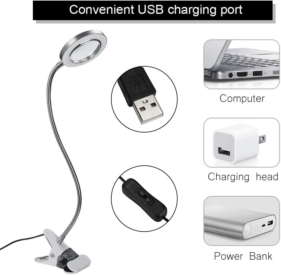 ATOMUS 2.5X Magnifying Lamp, LED USB Rechargeable Tattoo Beauty Magnifier Lamp with Metal Clip for Eyebrow Tattoo Manicure Eyelash Extension Read