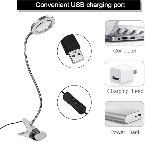 Miniatura 2 de ATOMUS Lámpara de aumento de 2.5X, LED USB recargable para tatuaje, lámpara de lupa de belleza con clip de metal para cejas, tatuaje, manicura,