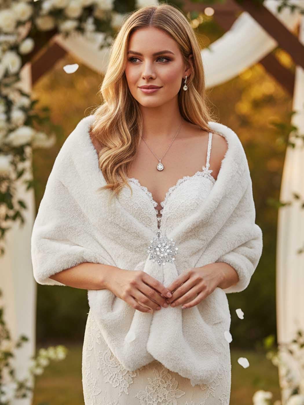 Aukmla Long Wedding Faux Fur Wraps and Shawls Wedding Bridal Stole for Brides and Bridesmaids (White) - Image 2