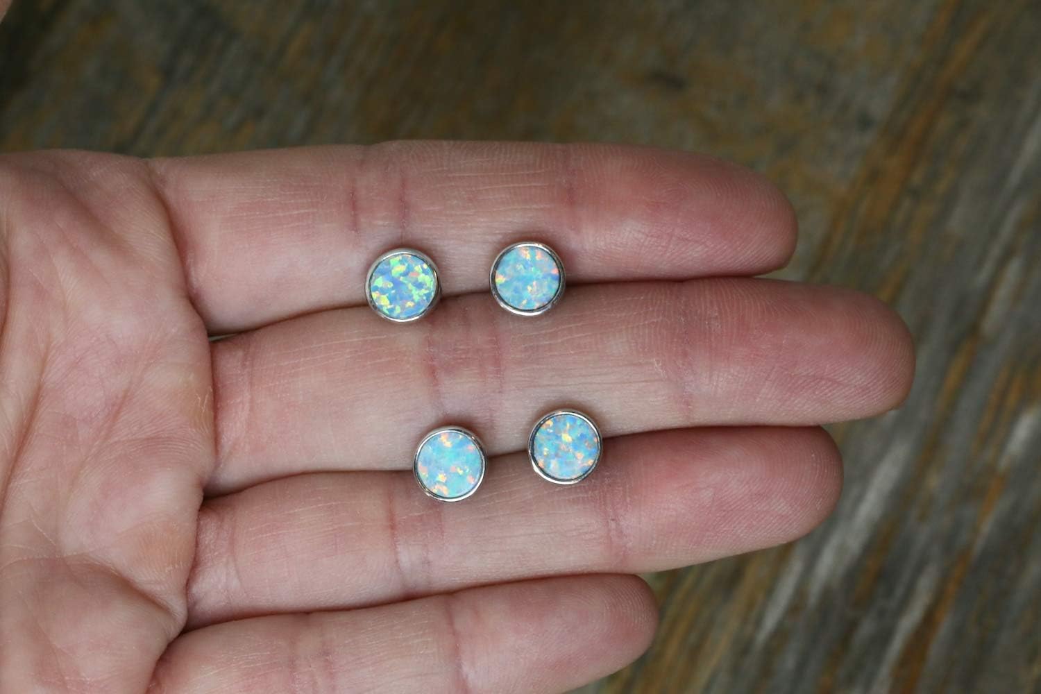 Green Blue Opal Stud Earrings- 925 Sterling Silver- 7mm- Holiday Christmas Hanukkah STocking Stuffer Gift Idea