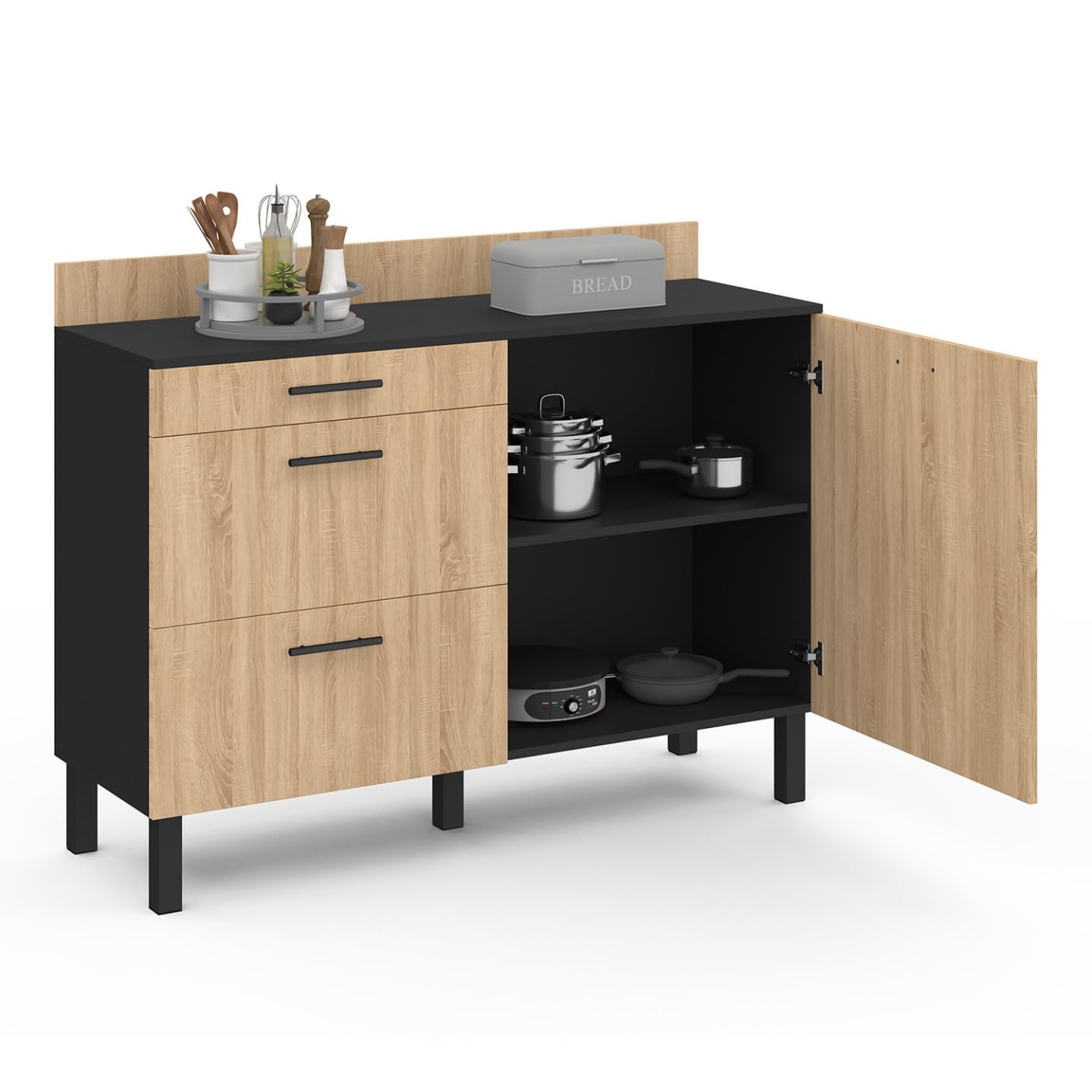 IDMarket - Buffet Bas casserolier de Cuisine 120 cm CINA Plan de Travail H.83 cm 1 Porte + 3 tiroirs Noir et façon hêtre