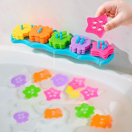 Juguetes de baño para niños de 1 a 3 años, juguetes de baño para clasificar y apilar sin moho con 20 piezas flotantes de goma suave vibrante,