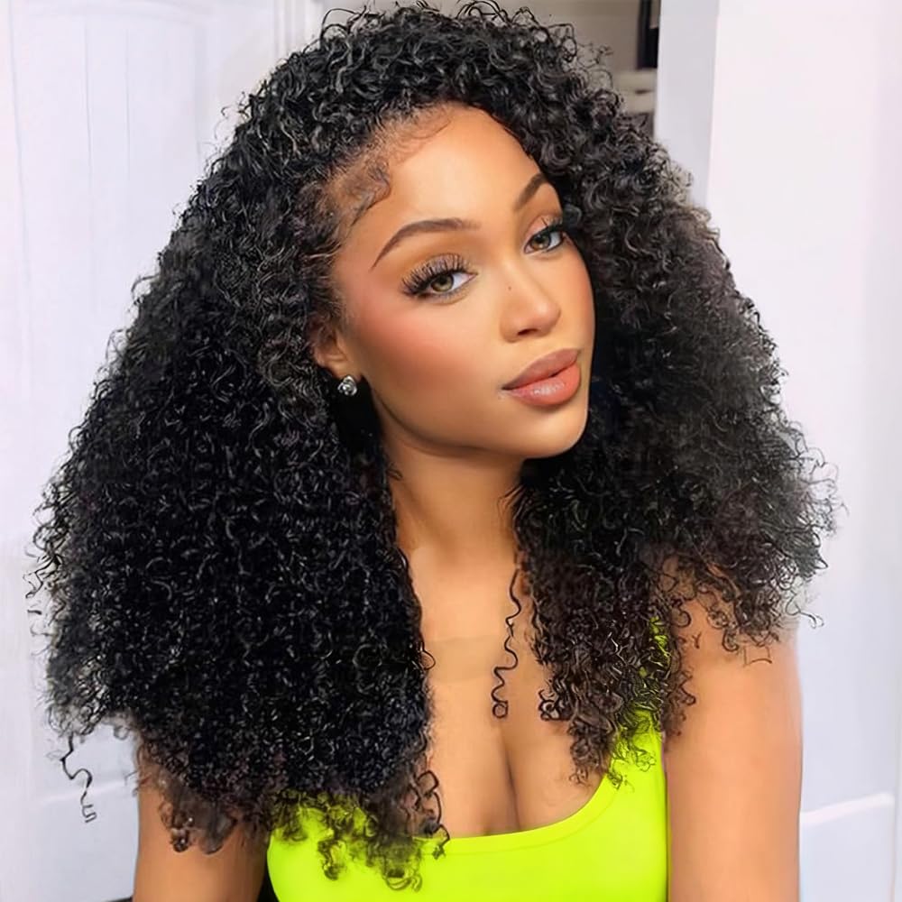 18 Inch Kinky Curly Half Wig Human Hair 3 In 1 Seamless Flip Over with Adjustable Drawstring Wear Go Glueless Wigs Wet and Wave Curly Half Wigs for Women Headband Wig Beginner Friendly