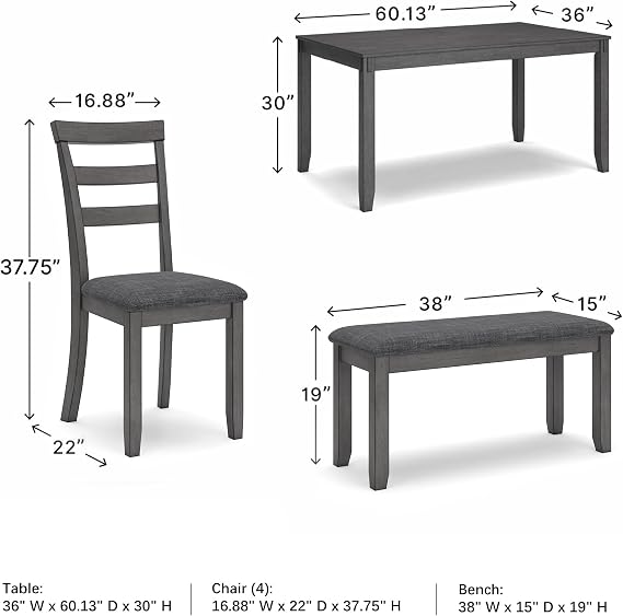 Signature Design by Ashley Bridson Dining Table Set For 6 With Bench, Wood 6Piece Kitchen Table And Chairs With Upholstered Seats, Transitional Charcoal Gray Dining Room Collection For Family Meals