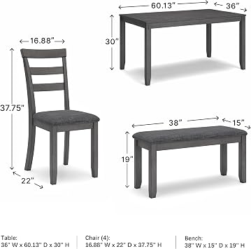 Signature Design by Ashley Bridson Dining Table Set For 6 With Bench, Wood 6Piece Kitchen Table And Chairs With Upholstered Seats, Transitional Charcoal Gray Dining Room Collection For Family Meals