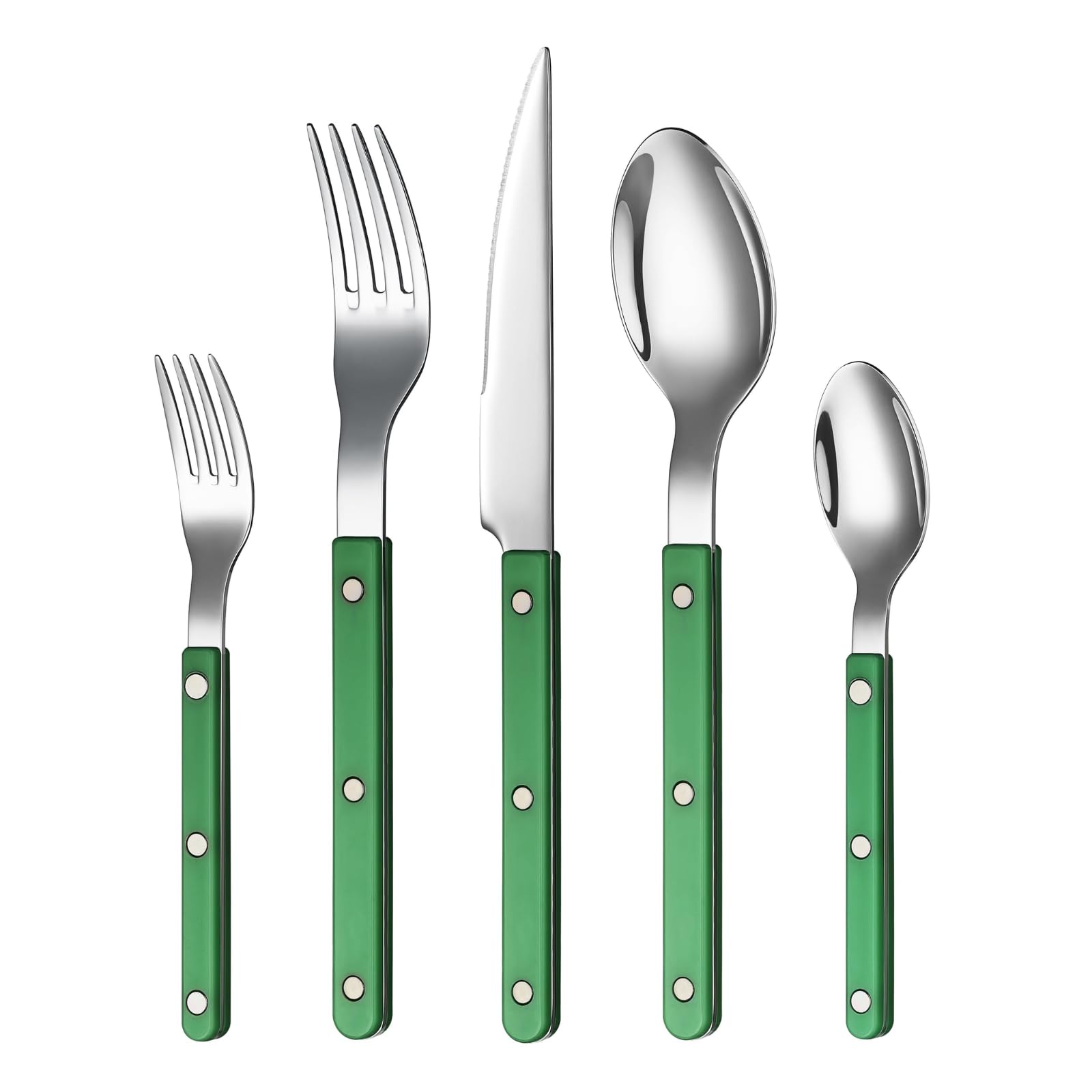 Khen Green Cutlery Sabre Set of 6 – 18/8 Stainless Steel Flatware – Modern Silverware for Home, Kitchen & Dining – Dishwasher Safe
