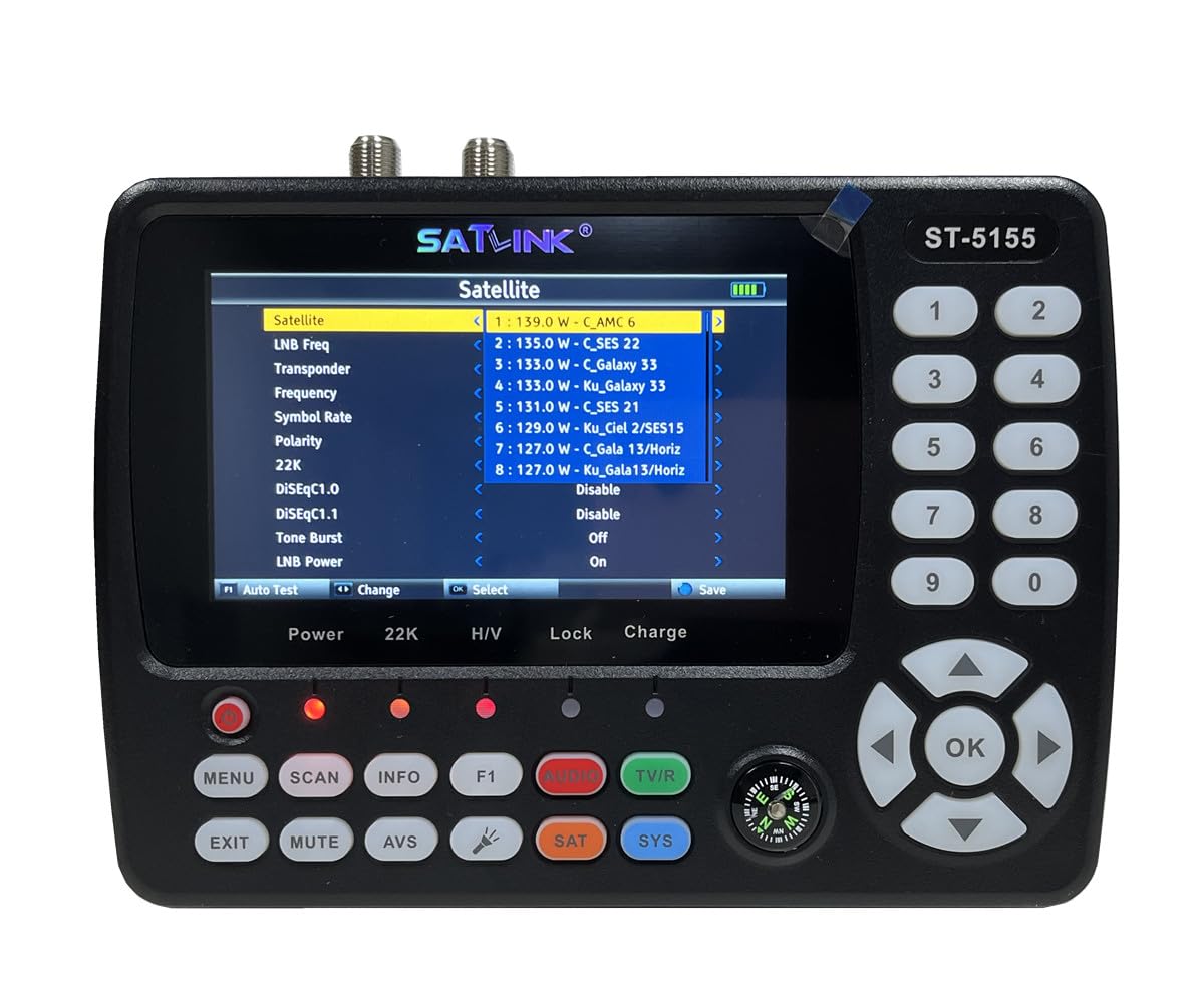 ST-5155 Misuratore di segnale via cavo satellitare e terrestre DVB-S/S2/T/T2/C Misuratore combinato Supporto HD 1080P MPEG-2/4 H.264/H.265 (10 bit), QPSK, 8PSK, 16APSK, 32APSK