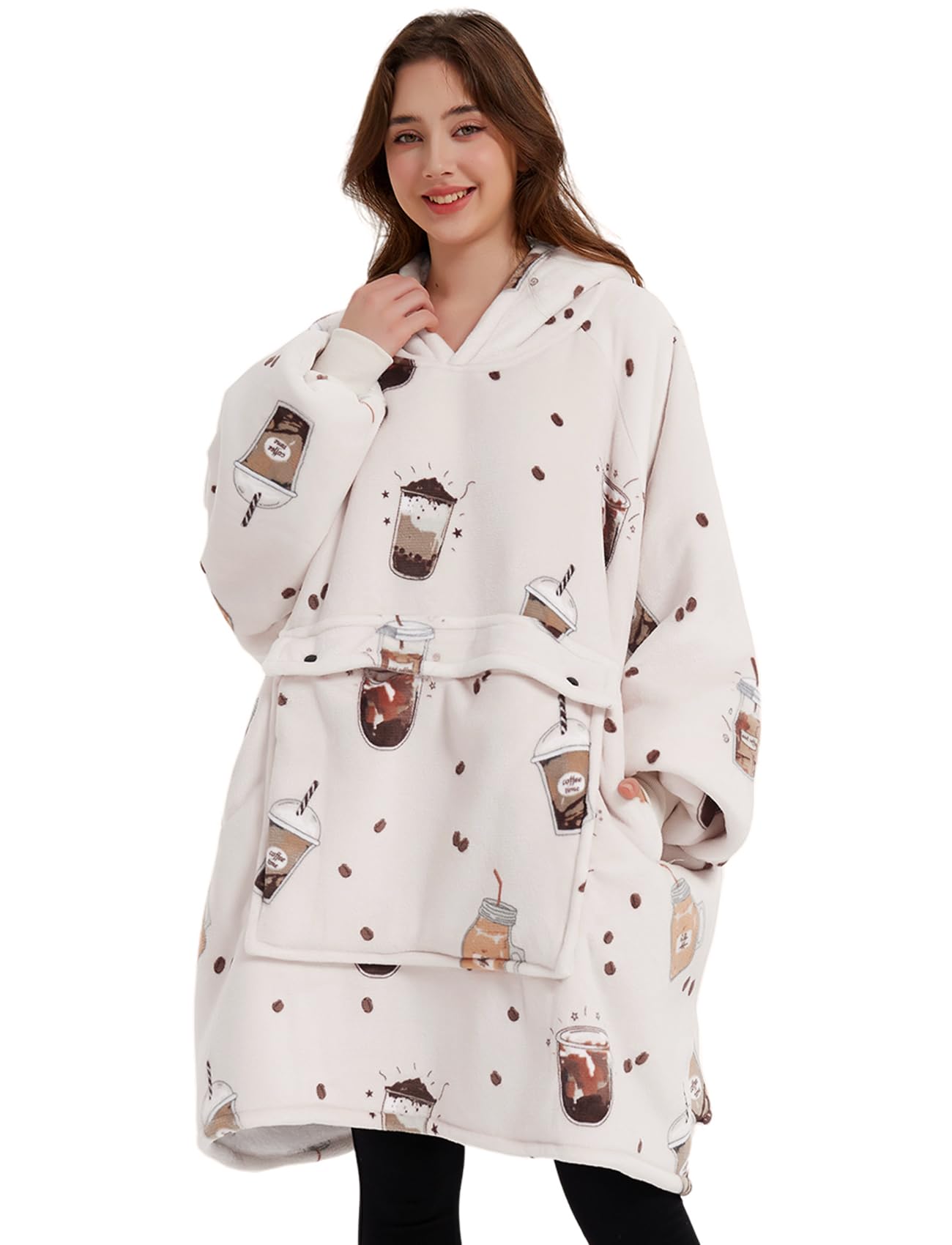 KFUBUO Wearable Blanket Hoodie for Adults With Pocket Milk tea