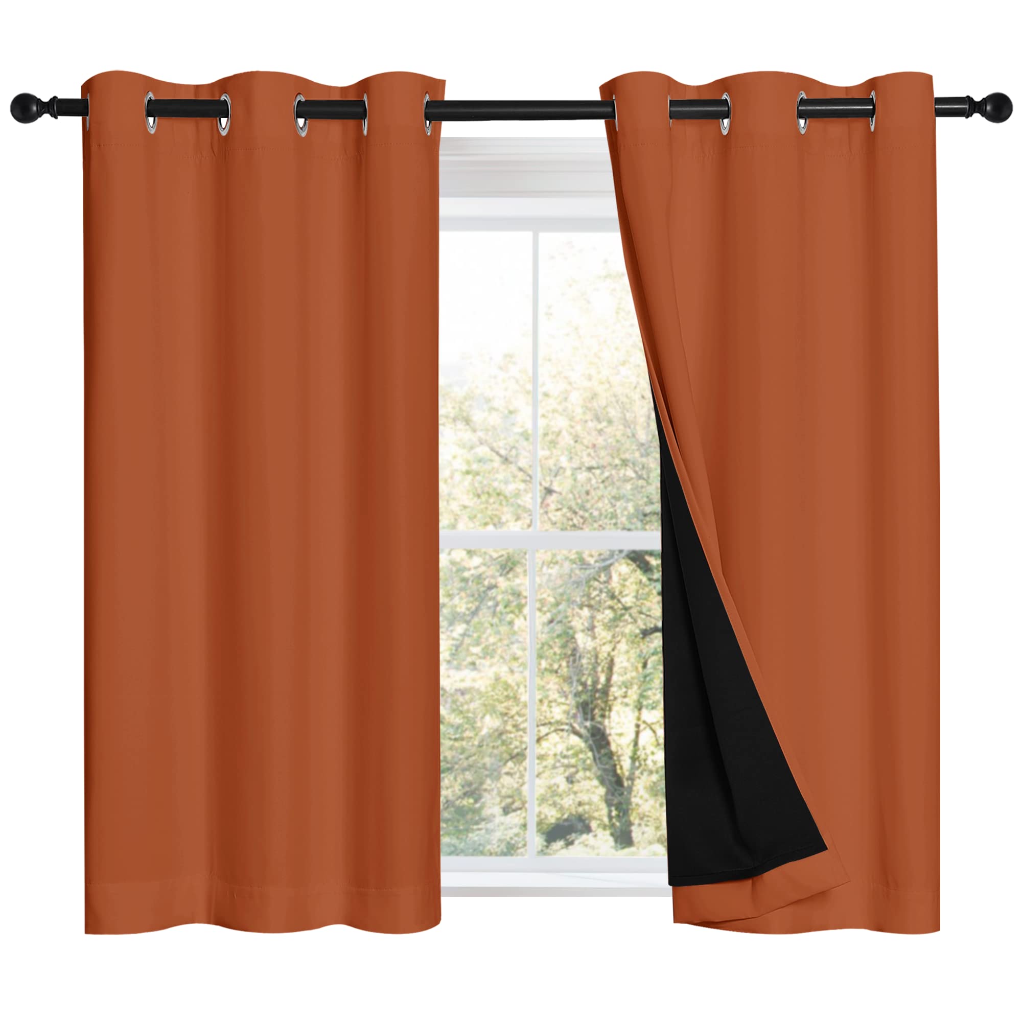 NICETOWN Burnt Orange 100% Blackout Curtains 45 inches Long, 2 Thick Layers Completely Blackout Window Treatment Thermal Insulated Lined Drapes for Small Window (1 Pair, 42 inches Width Each Panel)
