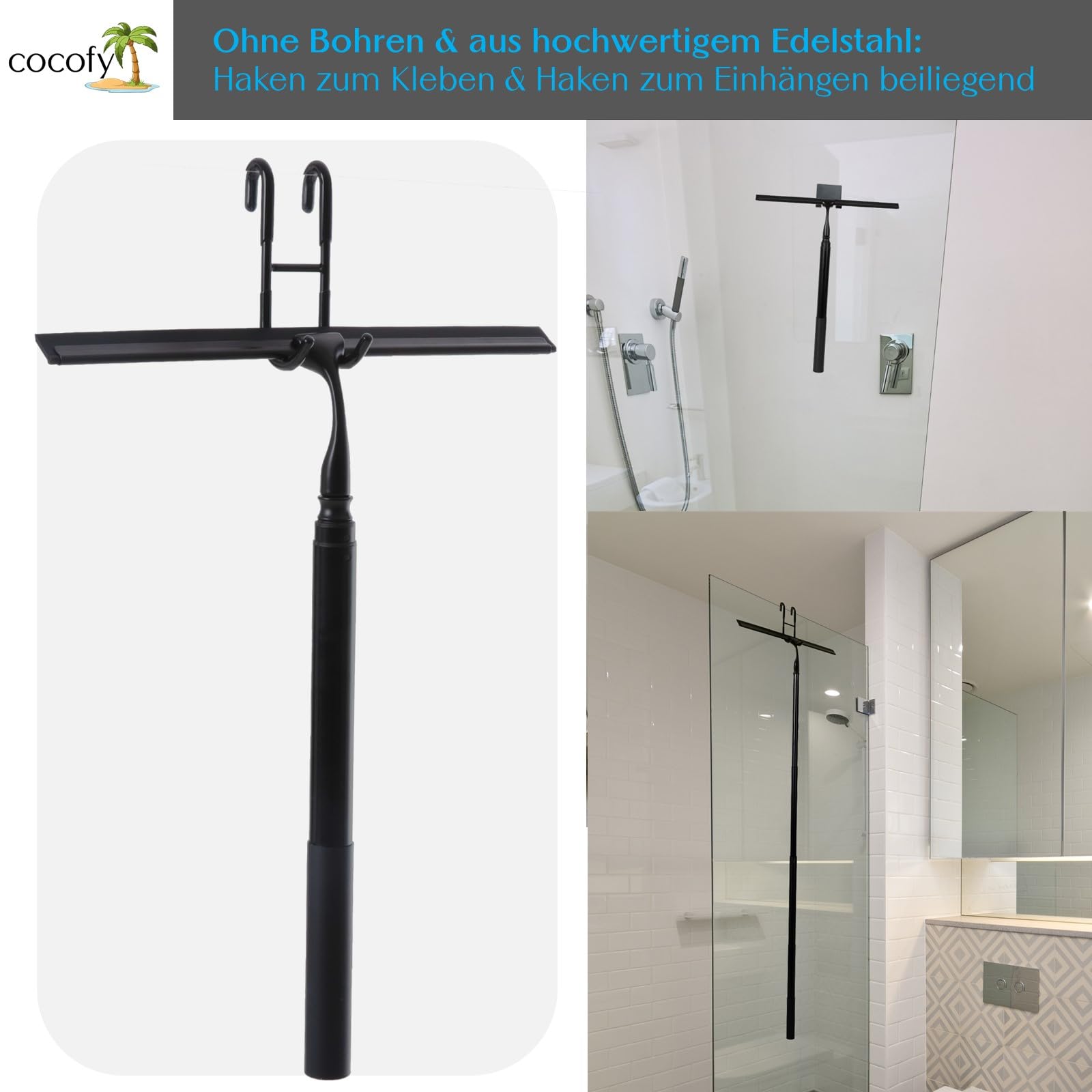 Duschabzieher mit Teleskopstiel 43-153 cm lang 35 cm breit, 2 Haken, Langer Stiel, Teleskop, Bodenabzieher schwarz, Abzieher Teleskop, schwarz