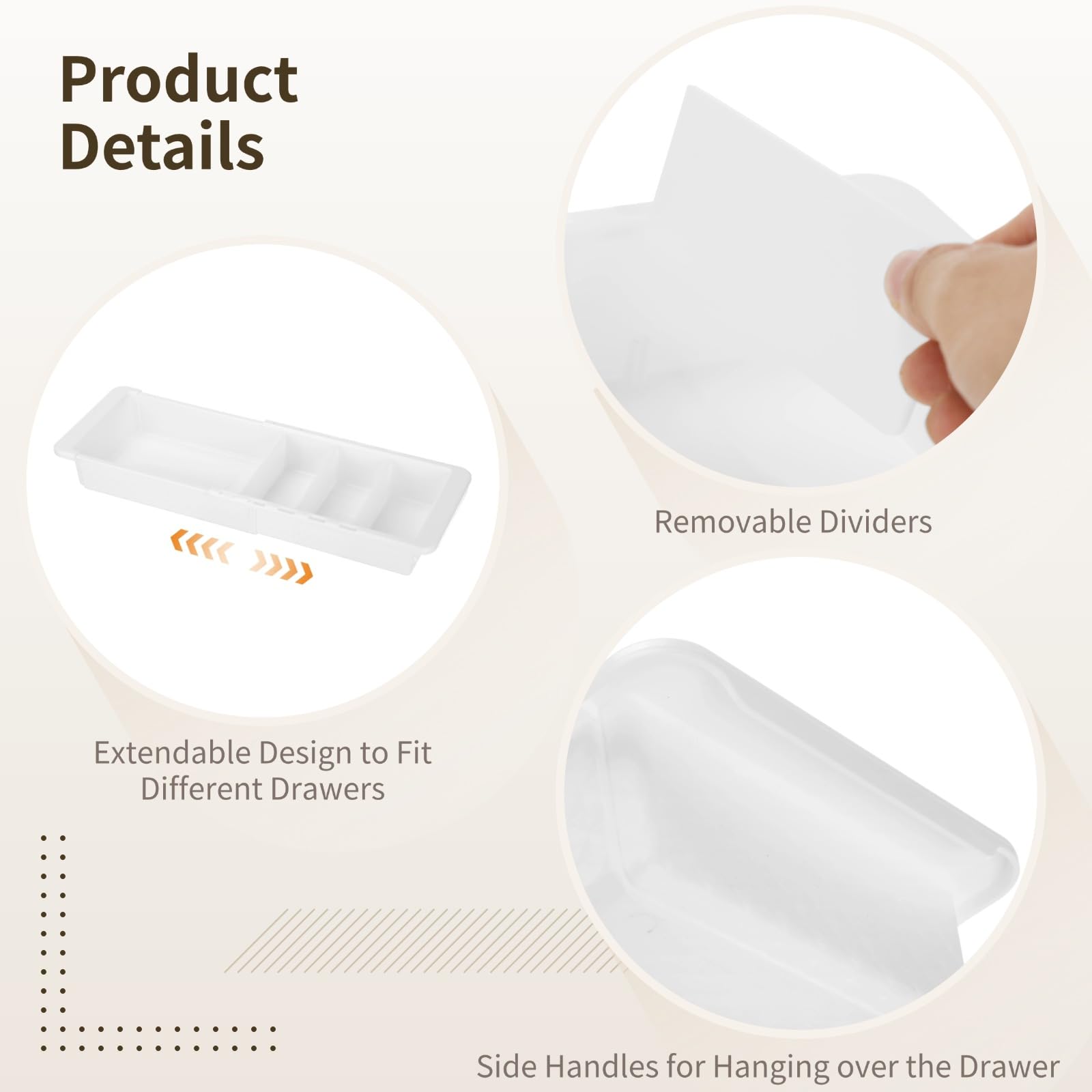 Set di 3 organizer estensibili per cassetti, in plastica bianca, con scomparti divisi, regolabili da 29 cm a 46 cm, per scrivania da ufficio, cucina, bagno, comò