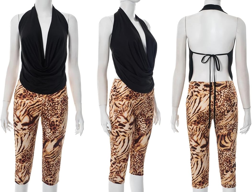 Sexy 2 Piece Outfits for Women Backless Halter Top and Leopard Capri Pants Club Sets - Image 7