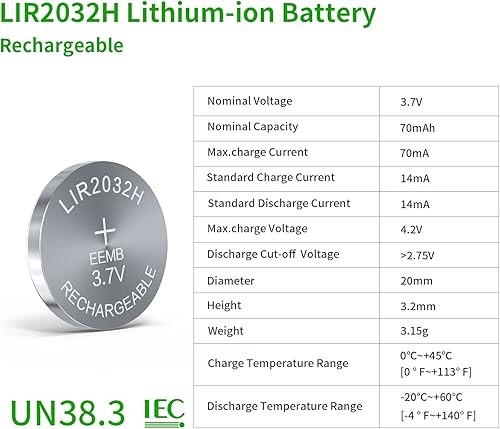 Miniatura 2 de EEMB Baterías recargables 2032 de 3.7 V LIR2032 de iones de litio con botón de celda de moneda para reloj remoto de coche, 4 unidades