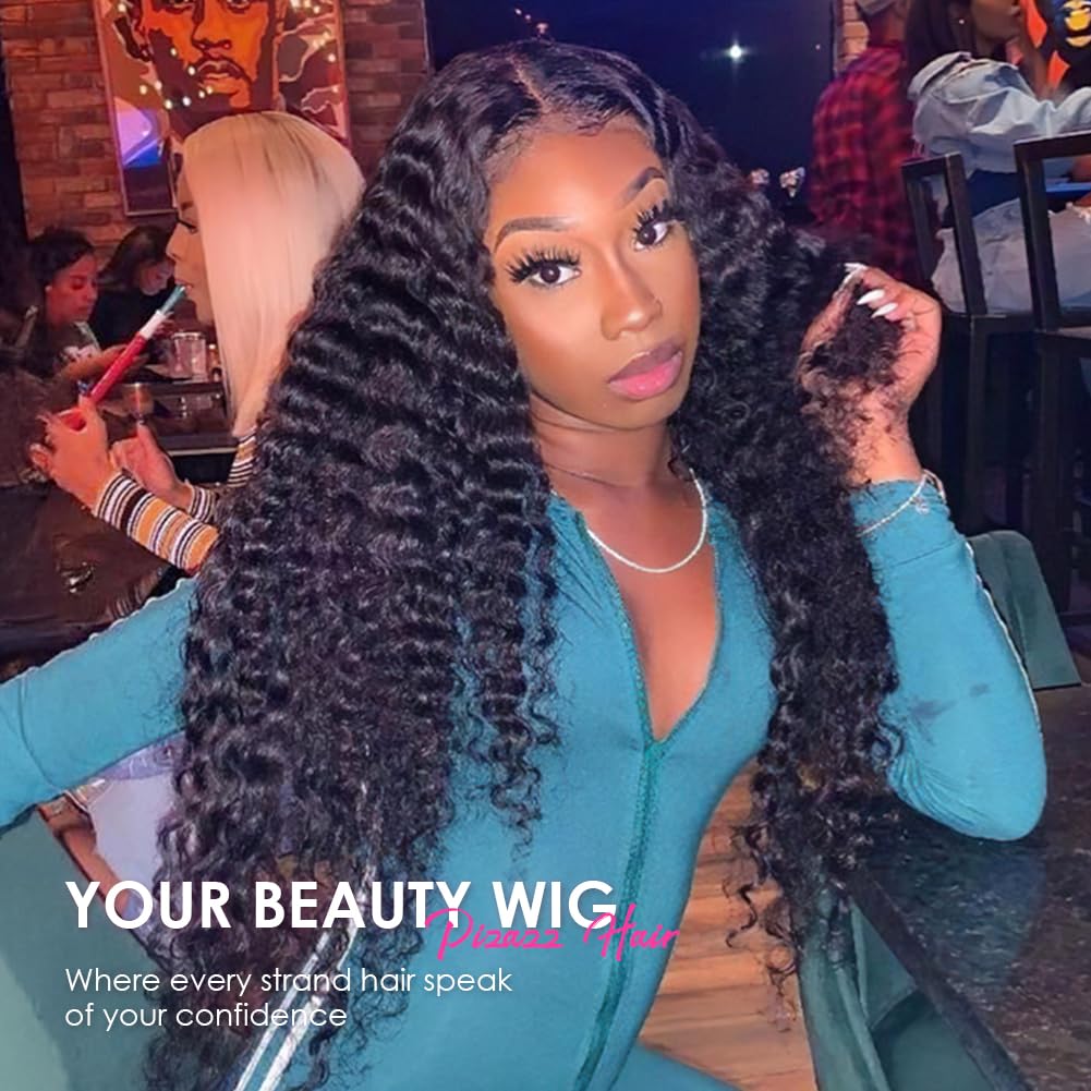 Pizazz 13x4 Human Hair Lace Front Wigs for Black Women Glueless 180 Density HD Transparent Deep Wave Frontal wig with Baby Hair Pre Plucked Bleached Knots(14 Inch, Black color)