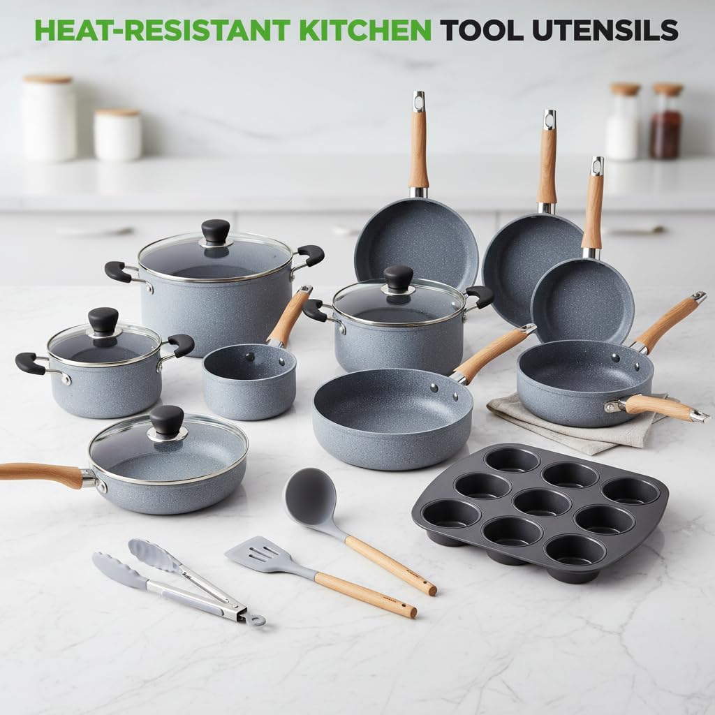 Nutrichef 22-Piece Cookware and Bakeware Set | Professional Home Kitchen Collection with Multi-Sized Pots, Pans, Non stick and Heat-Resistant Tools (Moon Grey Marble)