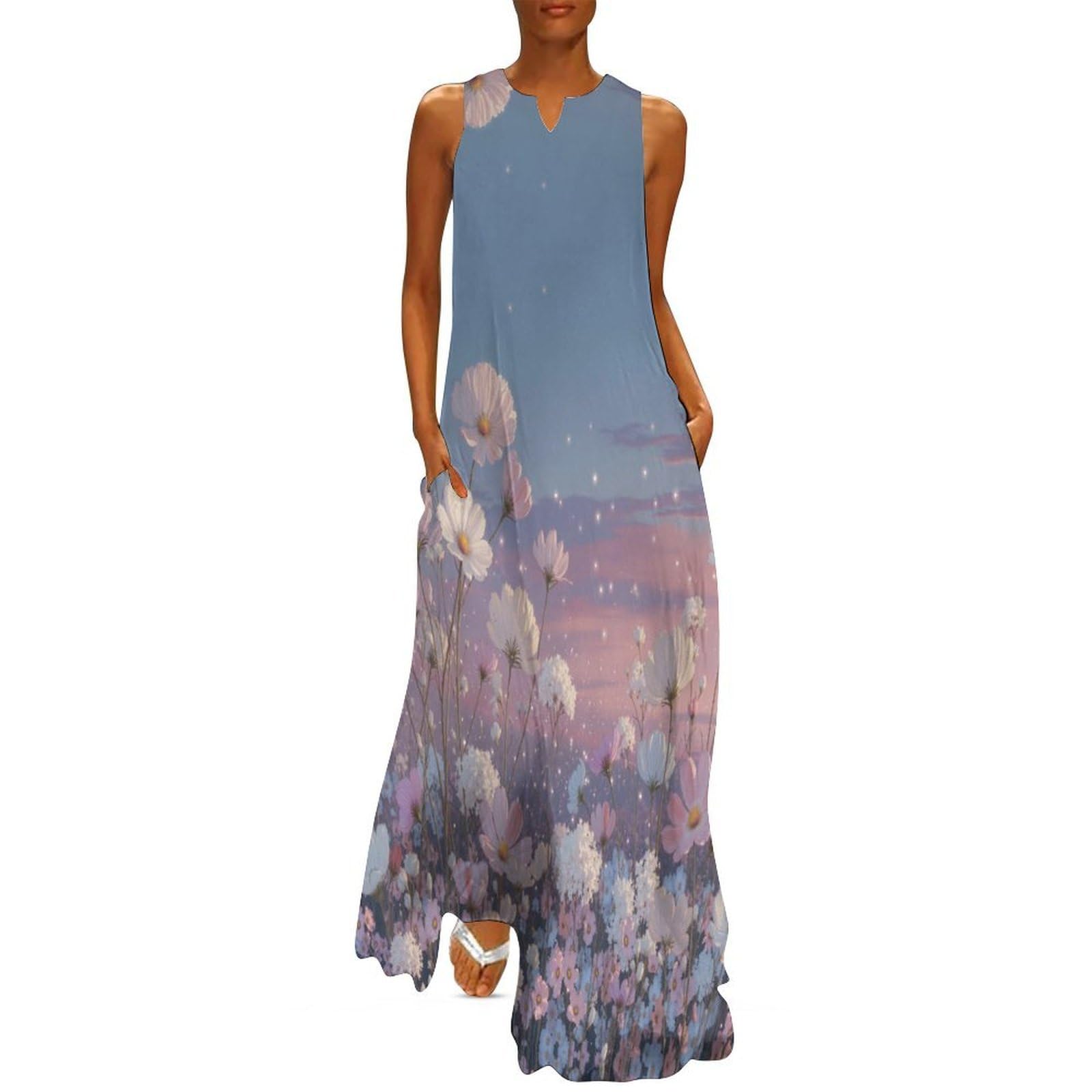 Robe lâche bleu poudré avec poches intégrées et dégradé de plantes bohème - 8