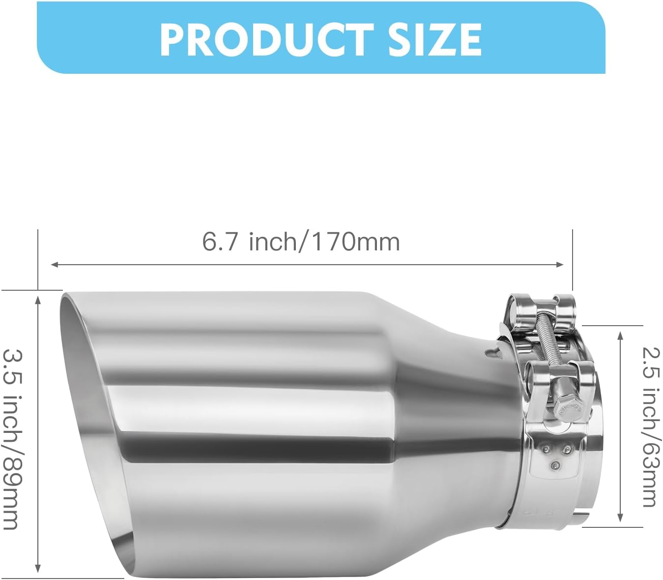 2.5 to 3.5 Inch Exhaust Tip 2.5"Inlet to 3.5"Outlet Exhaust Tips 6.7" Length Muffler Tip 304 Stainless Steel Tailpipe Diesel Exhaust Tip Double Wall Polished Slant Cut Clamp On (Sliver)