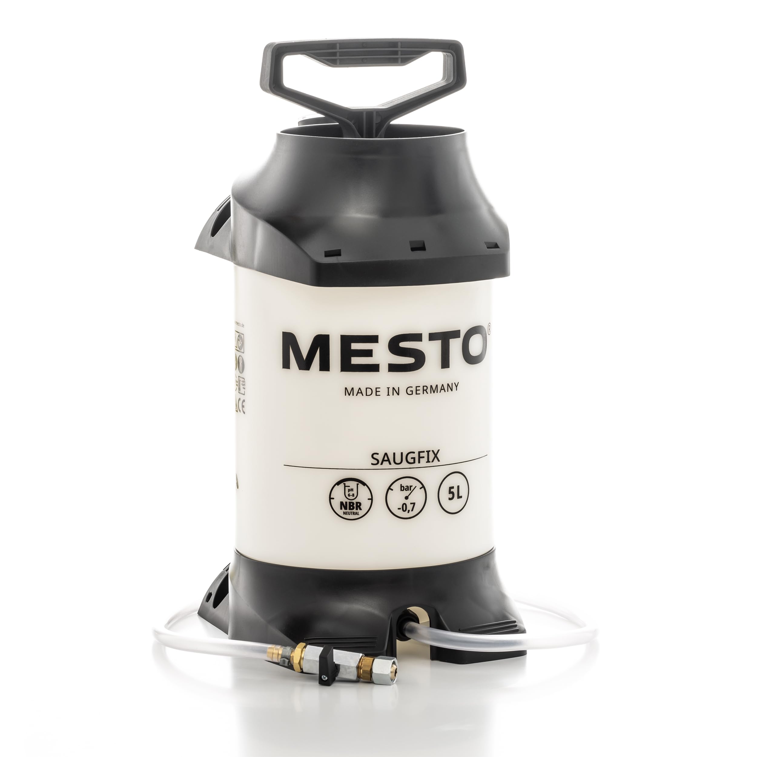 Mesto SAUGFIX Sauggerät 5 L| Saugpumpe mit 0,7 bar Unterdruck | Ölabsaugpumpe für Schmieröl & Nicht Aggressive Flüssigkeiten | Ideal für Auto, Werkstatt & Industrie | mit Kugelhahn & SK-Verschraubung