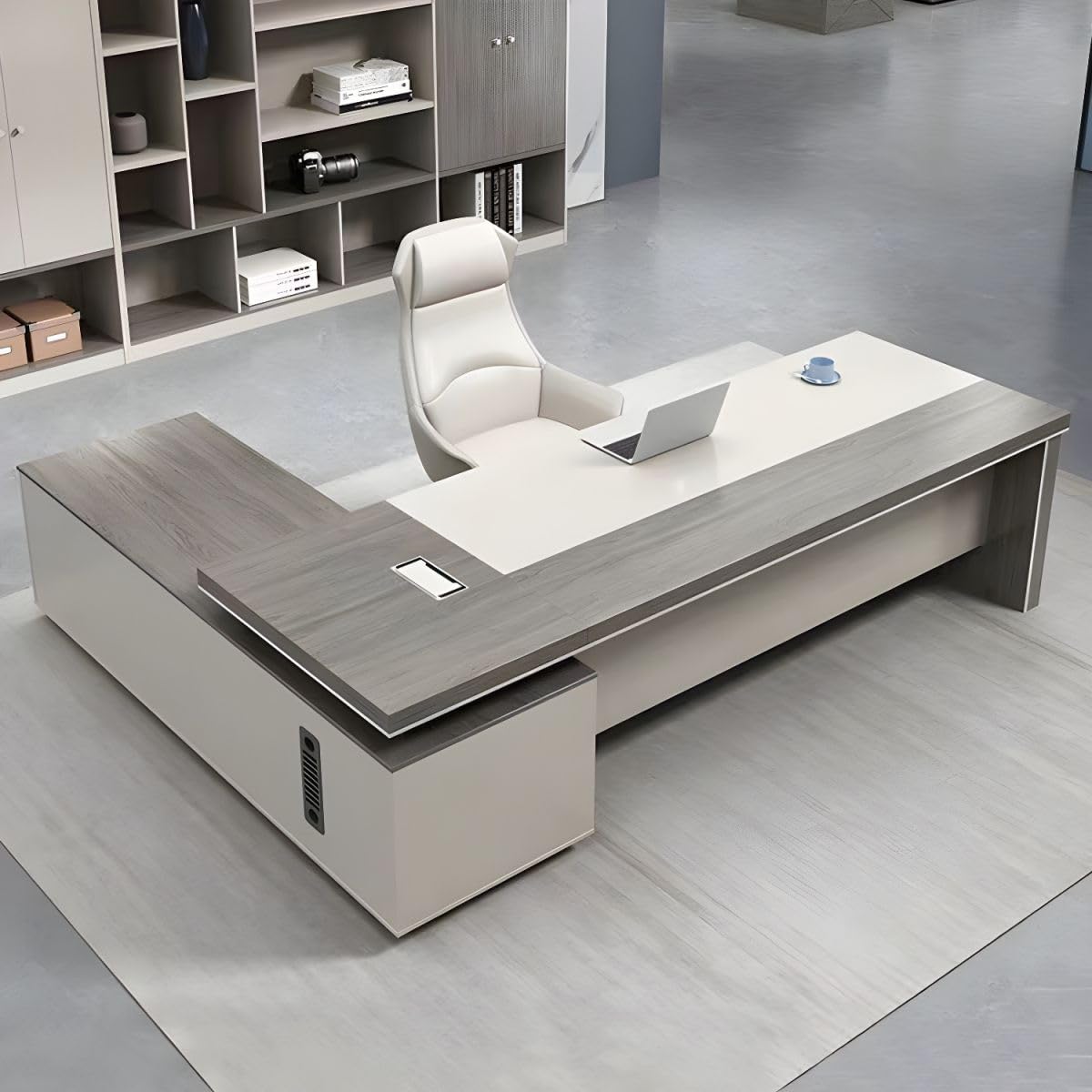 CraftThink Modern Executive Office Desk, Gray Wood L Shaped Office Desk with Drawers and Storage, Pedestal Base, Cable Management, Without Chairs 63"