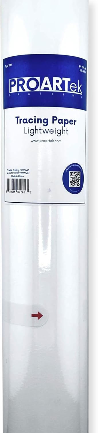 Proartek PK00048 Model TP1775W1WP030N Type 1137 White Tracing Paper Roll; 17 Inches x 75 Yards; 1-Inch Core; Transparent Surface; Accepts Pencil, Ink, and Marker; 8 lb. Basis Weight