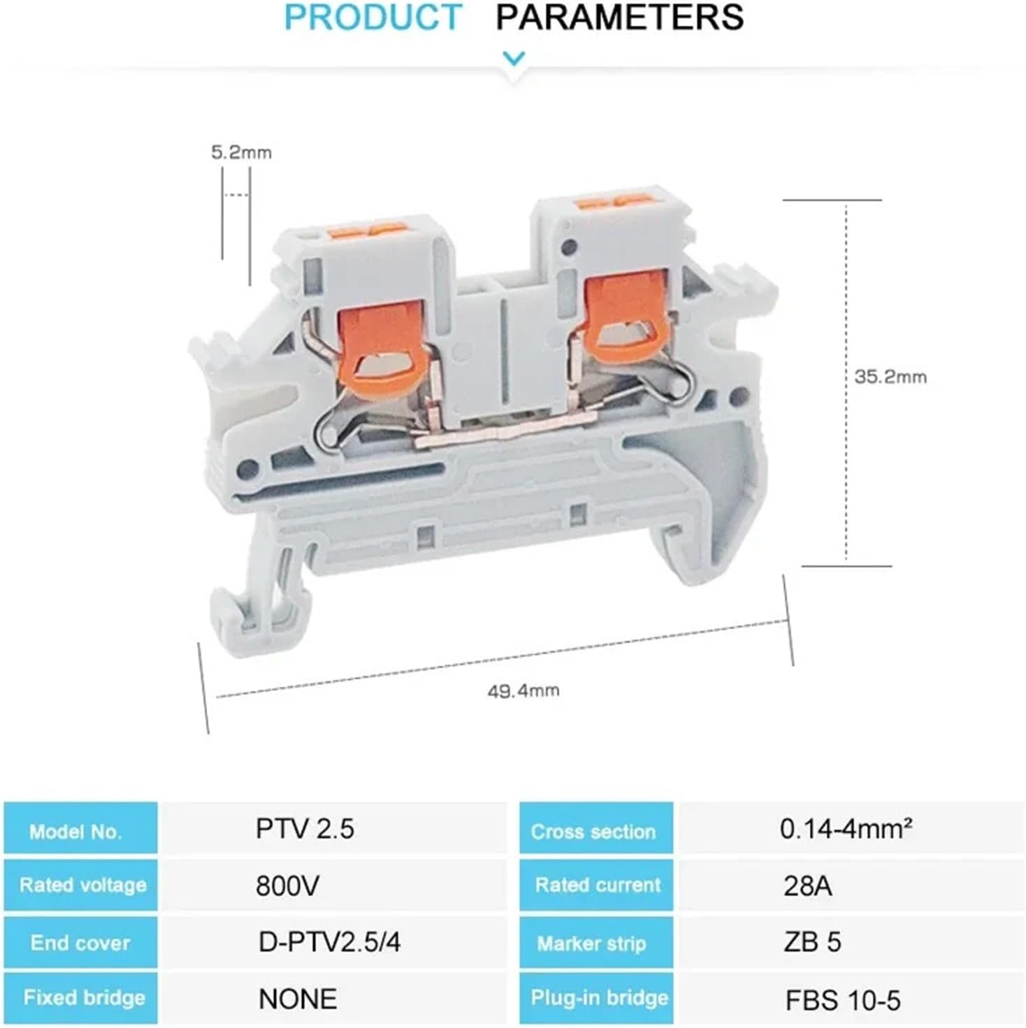 10Pcs PTV 2.5 DIN Rail Terminal Block Side-Entry Push-in Connection 2.5mm² 26-12AWG Cable Wiring Electrical Wire Connector