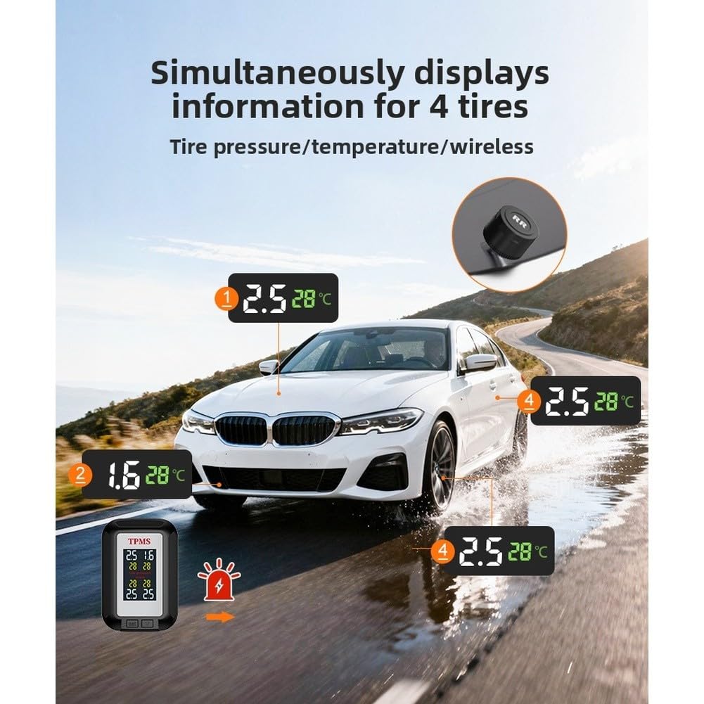 Bezprzewodowy monitor ciśnienia w oponach TPMS z podwójnym wyświetlaczem do samochodu, aplikacja przez USB 12 V ACC, wodoodporne czujniki zewnętrzne IP67, powiadomienia o wysokim/niskim