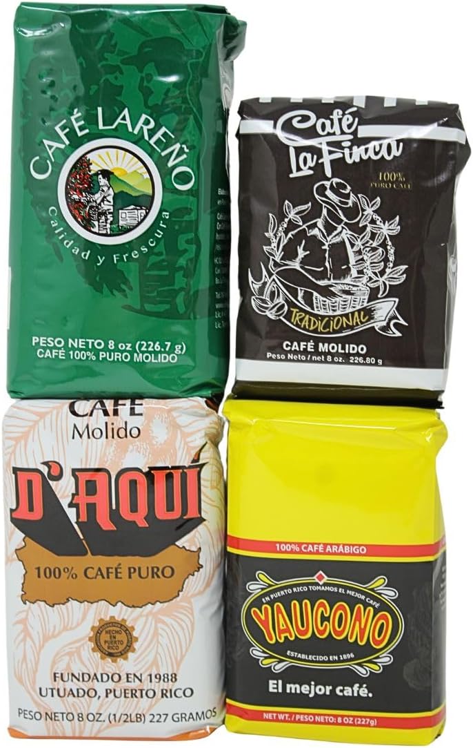 Puerto Rican "Boricua" Coffee Variety in a Affinity Foods Bag - Cafe Yaucono| Cafe Lareno| Cafe La Finca Tradicional| Cafe D'Aqui - (1-8oz pack of each)