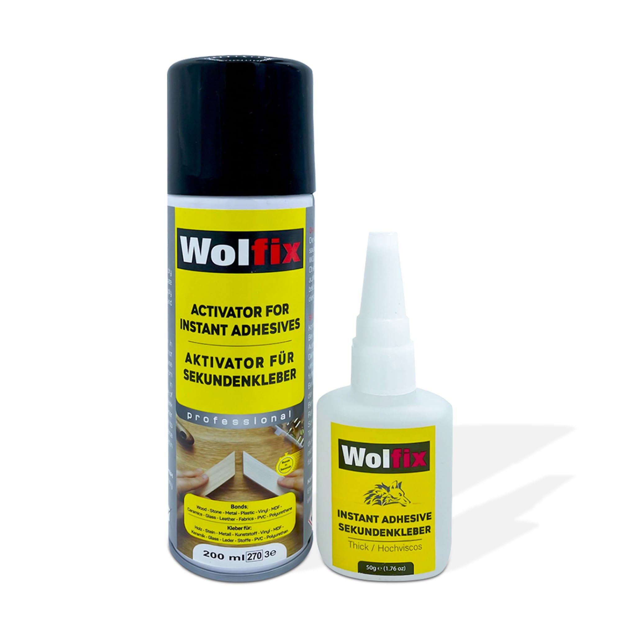 Wolfix Sekundenkleber Extra Stark 50g mit Aktivator Sprühkleber 200ml Spray - Alleskleber Set für Profi Reparaturen - Ideal für Materialien wie Kunststoff, Metall, Holz und Keramik