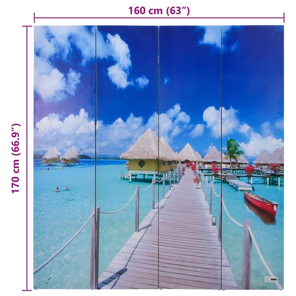 vidaXL Biombo con Foto de Playa Pantalla Divisor Separador de Espacios con Imagen Impresa para Dividri Habitación Madera de Abeto 160x170 cm