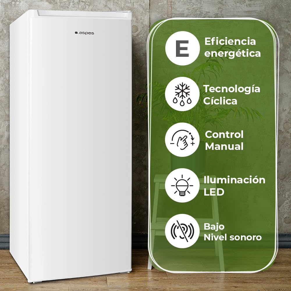 Aspes Frigorífico Refrigerador Blanco AR145501E. Capacidad 242 Litros, Puerta Reversible, Bajo Nivel Sonoro, Eficiencia Energética Clase E