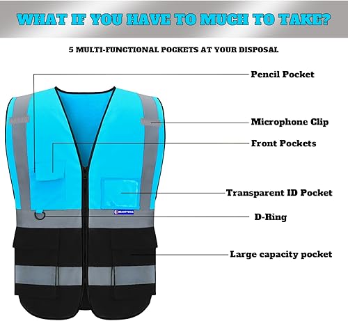 Miniatura 4 de BeautyWill Chaleco de seguridad con logotipo personalizado de alta visibilidad, chaleco reflectante clase 2, ropa de trabajo de construcción con 5