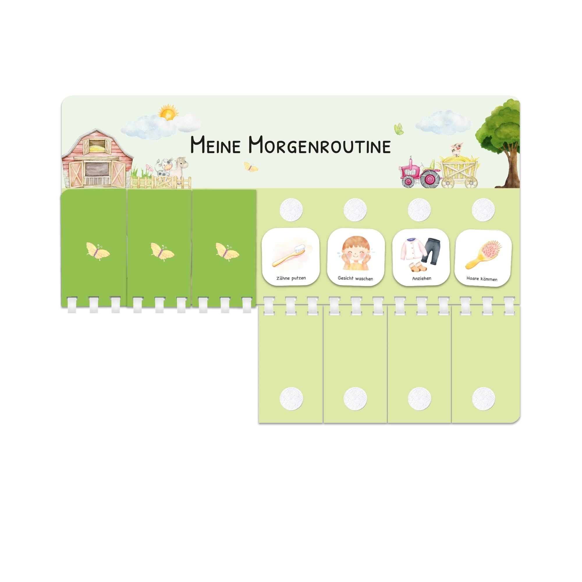 Routine Planer Kinder für Morgenroutine und Abendroutine - Routineplaner, Tagesplan Kinder mit Klett-Punkten und 105 Symbolkärtchen, Montessori Planer, Routinehilfe zum Umklappen (Bauernhof)