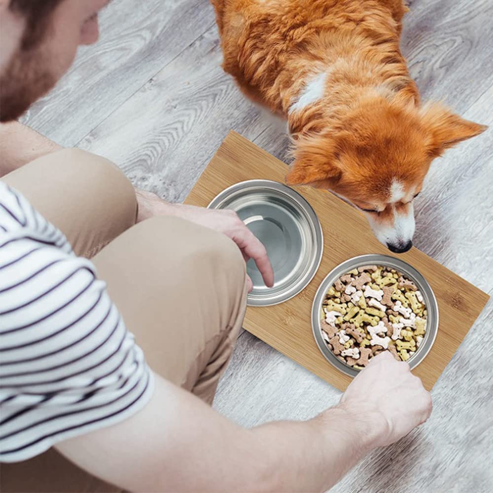 Gamelles surélevées - pour Chiens et Chats - Supports surélevés en Bambou avec 2 gamelles d'eau et de Nourriture en Acier Inoxydable - avec Pieds antidérapants (Deux Bols (Bois Naturel))