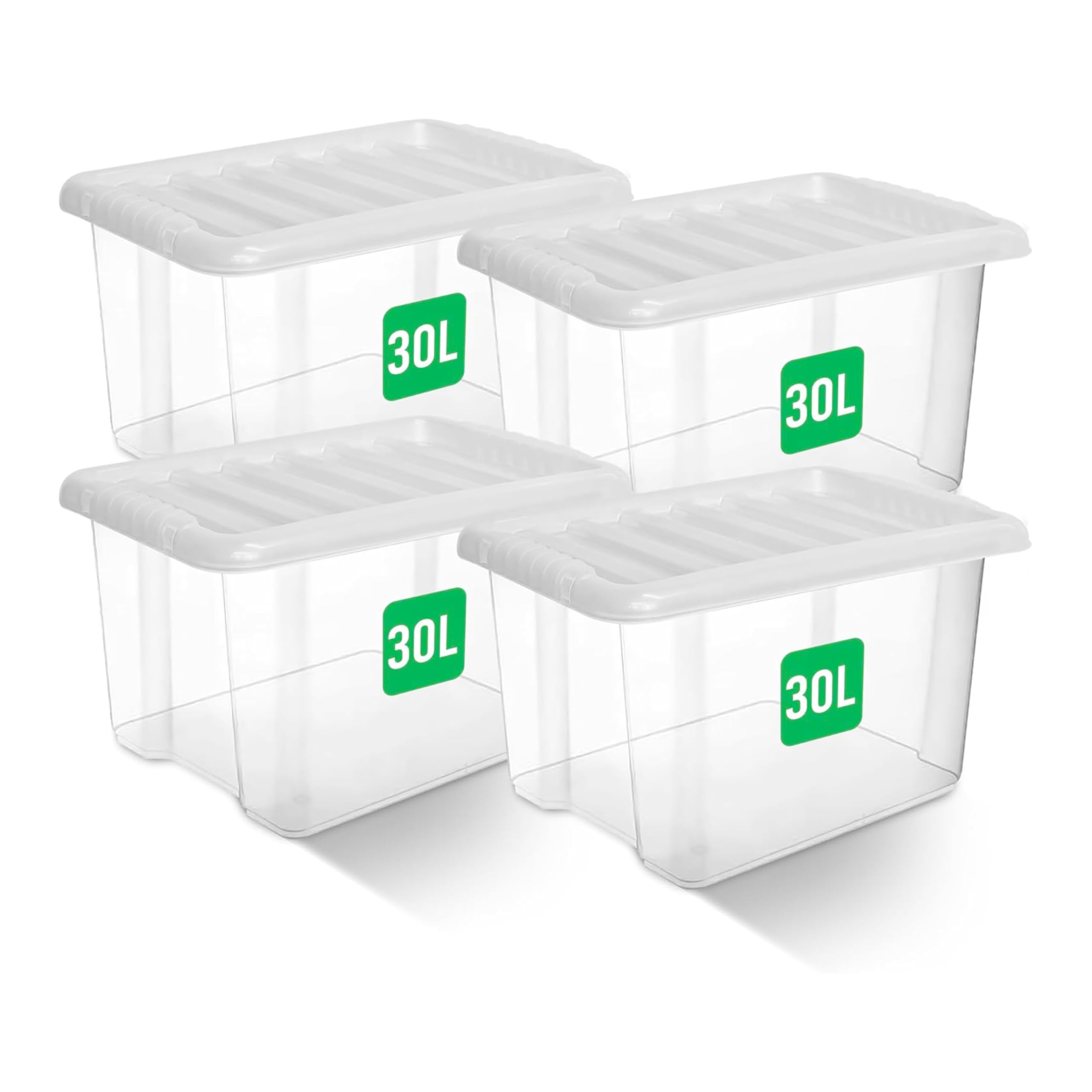 ADEPTNA Set of 4 x 30L Clear Plastic Storage Boxes with Lids Strong BPA-Free Stackable Containers Durable Multipurpose Nesting Box for Home, Kitchen, Garage, Office (30L / 4PK)