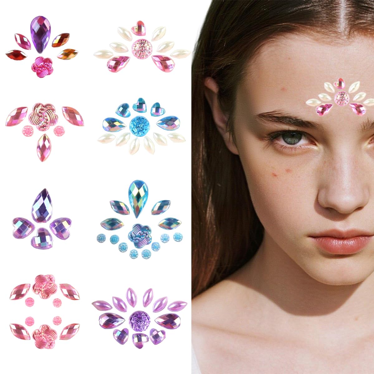 60 Pcs Multicolor Face Gems Disposable Rhinestone Forehead Sticker for Women Crystal Eyebrow & Eye Glitter, Festival Party Makeup Accessories Rainbow