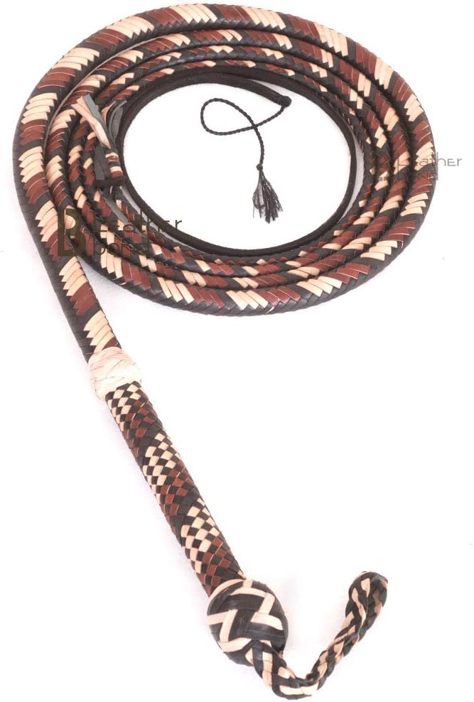 Bull Whip 06 Foot 16 Strands Kangaroo Hide Leather Equestrian Bullwhip Leather-Flexible Leather Whip for Sound Practice, Horse Handling & Costume Use