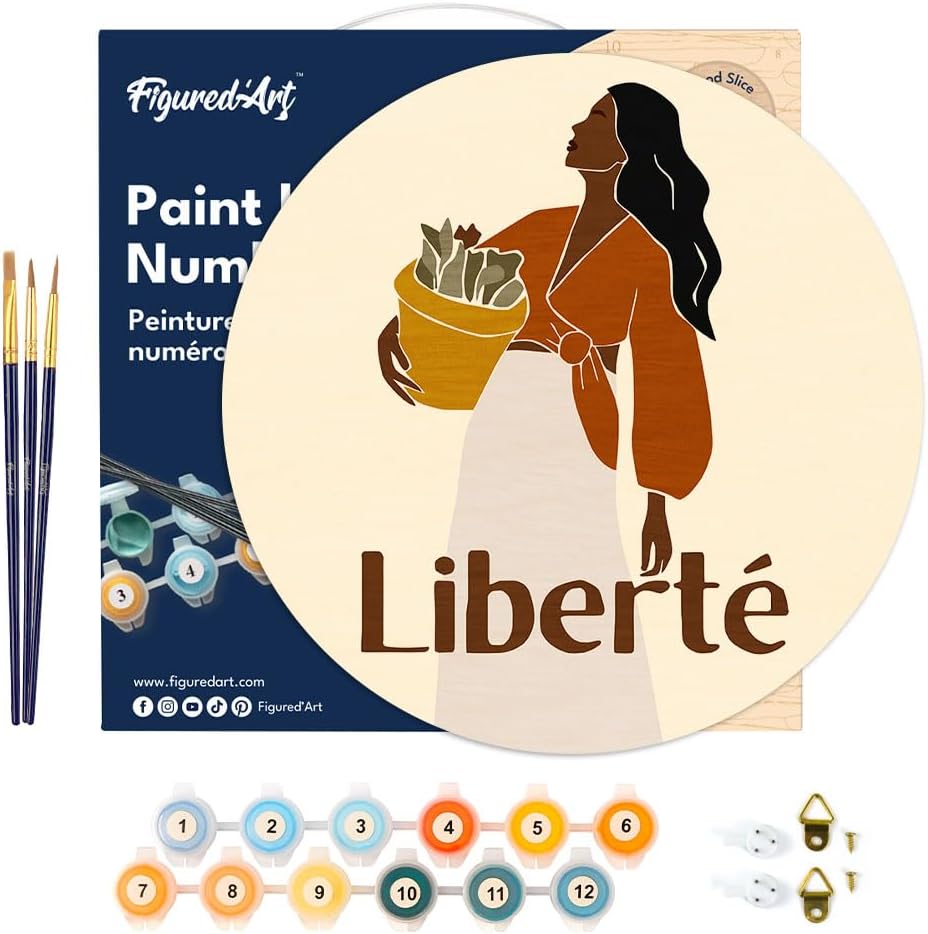 Figured'Art Paint by Numbers Kit for Adults on Wood Slice, 11.8in Diameter - Beauty and Liberty - Craft Art Painting DIY Canvas